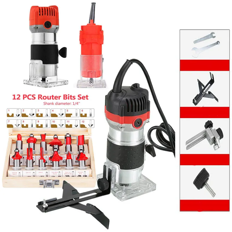 

800W Wood Router Tool Combo Kit Power Woodworking Machines Milling Engraving Slotting Electric Trimmer Tools With Milling Cutter