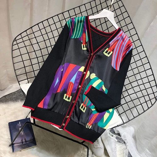 Винтажные женские вязаные кардиганы с принтом в стиле пэчворк, женские свитера с принтом слона, женские кардиганы с принтом - Цвет: Черный
