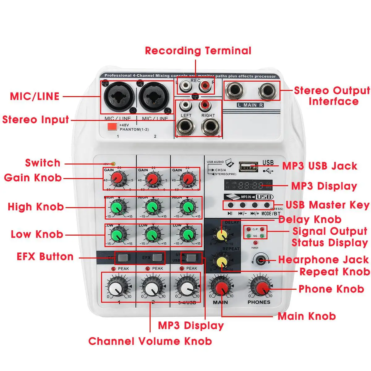 4 Channel bluetooth Sound Mixing Console Record 48V Phantom Power Monitor Professional USB Audio Mixer for Home KTV Studio