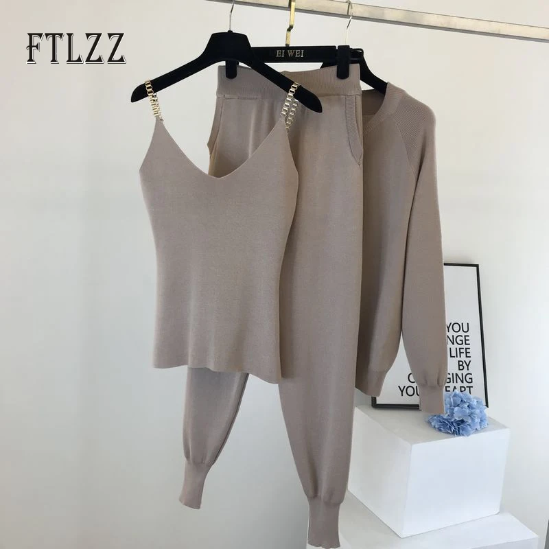 

3 Piece Sets Womens Outfits New 2020 Spring Autumn Knitted Set Woman V Neck Tank Top Zipper Sweater And Slim Pants Three Pcs Set