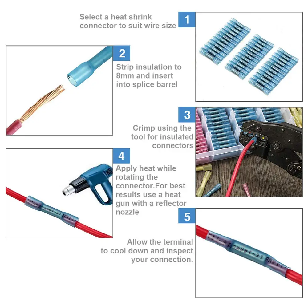 

50/100Pcs Waterproof Heat Shrink Terminals Insulated Seal Butt Electrical Wire Crimp Terminals Connectors 16-14 AWG Blue