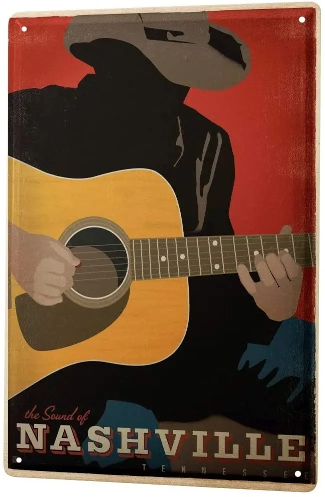 

Travel Tin Sign Metal Plate Decorative Sign Home Decor Plaques Kitchen Decoration Guitar Player Nashville 8X12