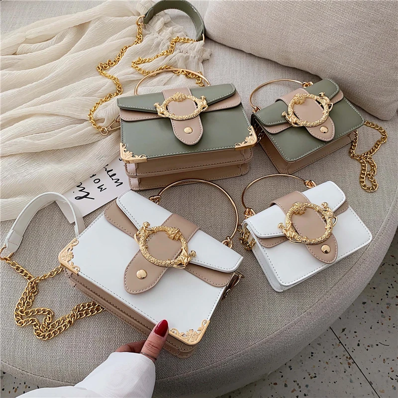 

Contrast color Square crossbody bag 2021 Totes With Metal Handle Quality PU Leather Women's Handbag Chain Shoulder Messenger Bag