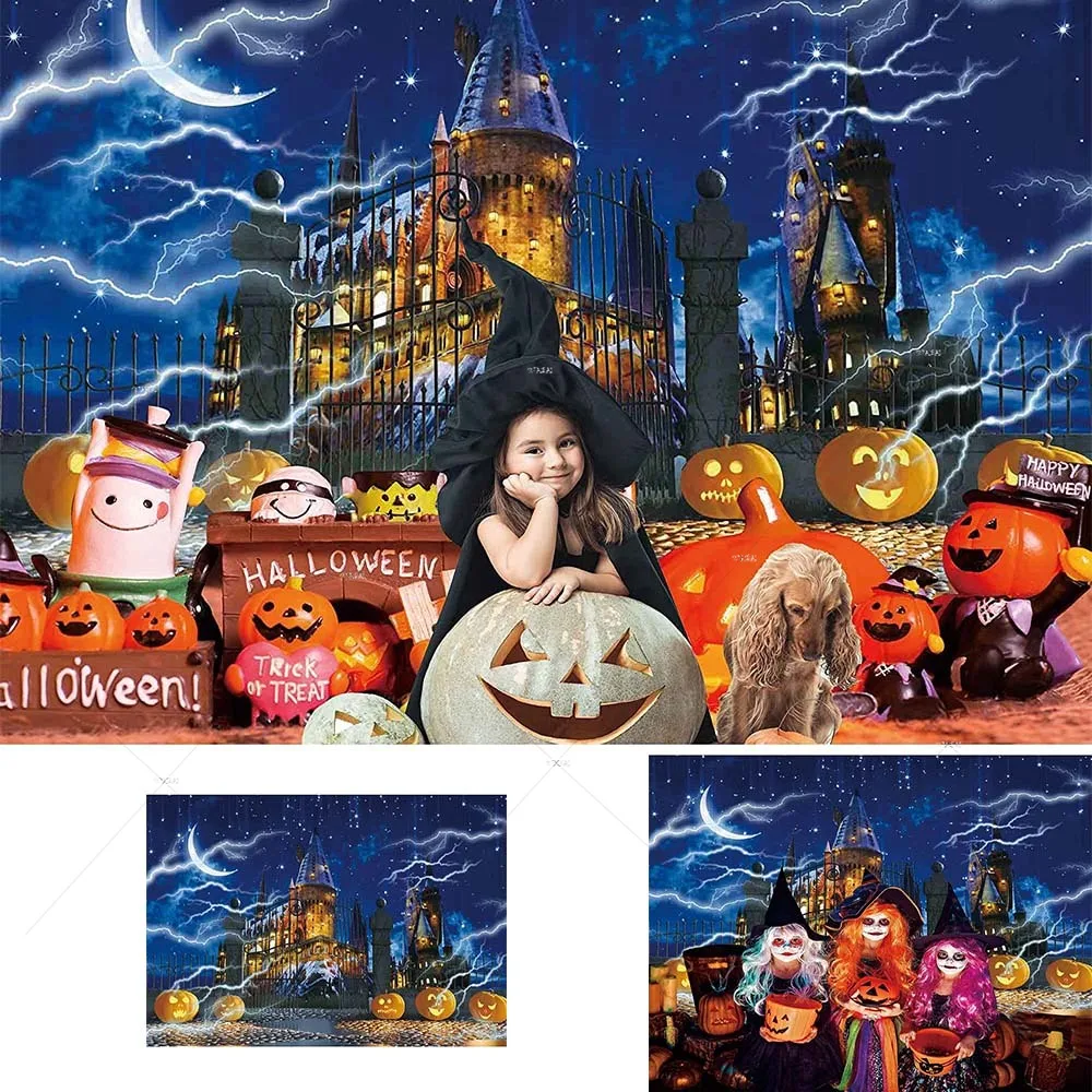 

Magic School Castle Photography Backdrop Night Sky Moon Lightning Pumpkin Fence Background Halloween Party Supplies Photo Booth