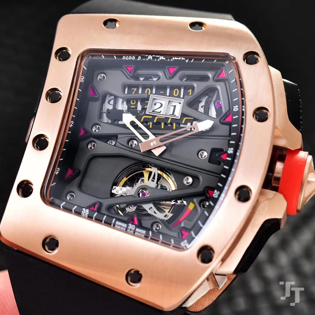 

Classic New Men Automatic Mechanical Rose Gold Red Black Rubber Watch Tourbillion Limited Sport Stiainless Steel Sapphire
