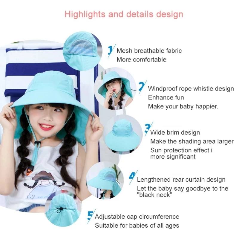 

Girl Sun Beach Hat UV Protection Bucket Hat Wide Brim with Neck Shield String Caps Outdoor Children Sunscreen Fishing Cap