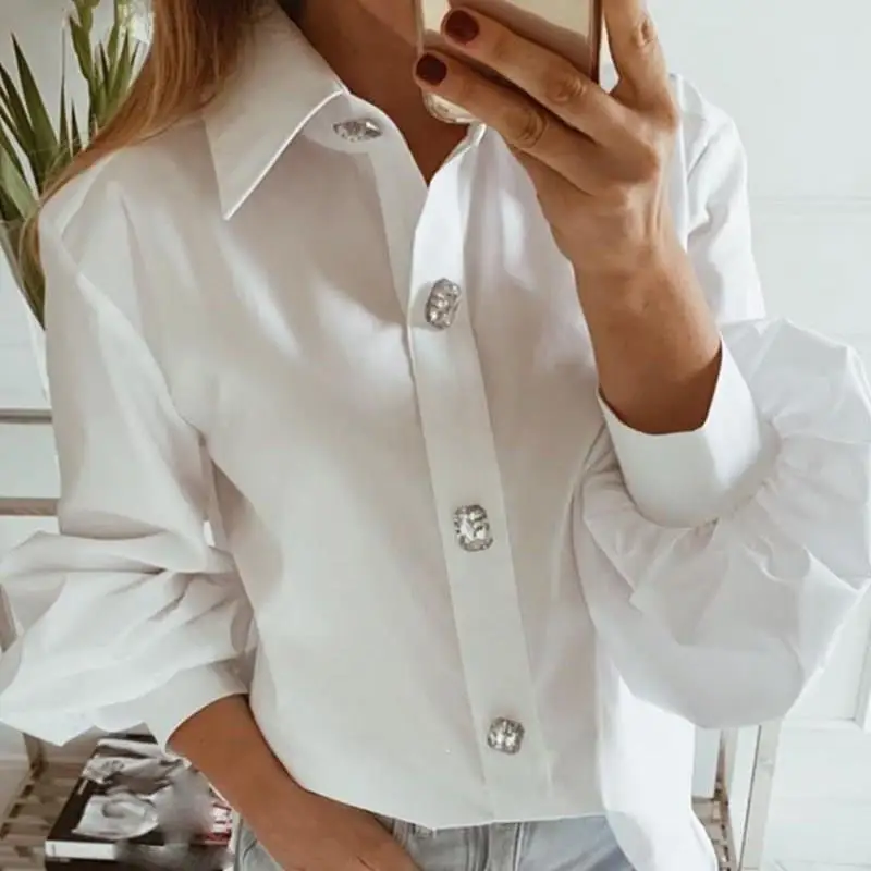 Модная Офисная Женская белая блузка с рукавом фонариком корейские элегантные