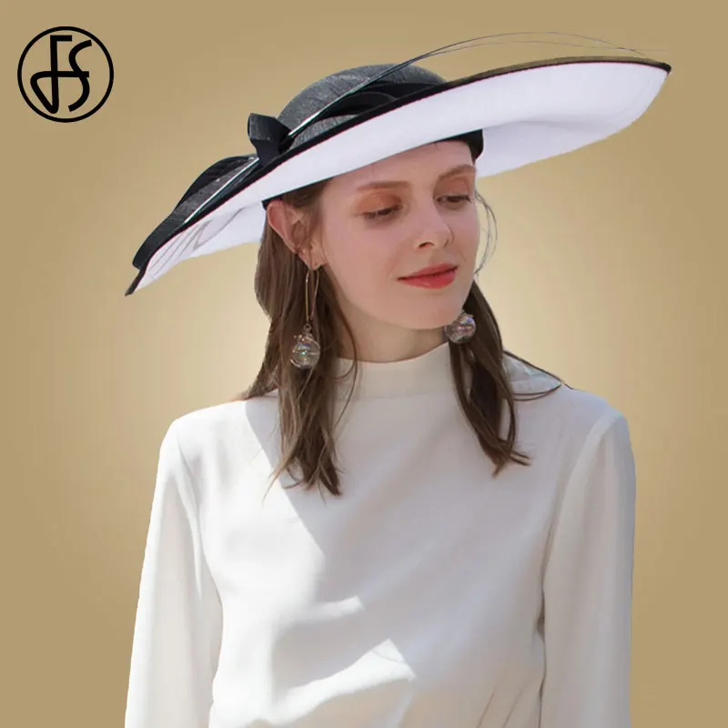 Black White Fedoras Женская шляпка с широкими полями FS, шляпка из соломки для церкви и торжественных случаев, ярко-красного цвета, на лето - Цвет: Black White Fedoras