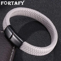 fortafy vintage men jewelry gray braided leather bracelets bangles handmade punk stainless steel magnetic clasp male fr0007