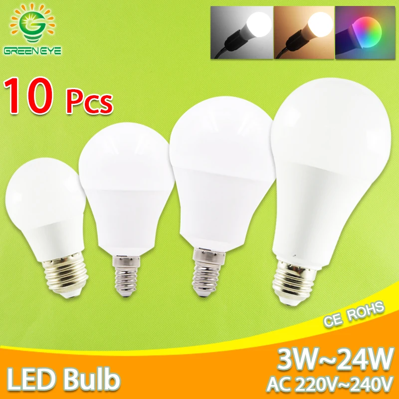 10 шт. светодиодный лампы E27 E14 реальные Мощность 24 Вт 20 18 15 12 9 6 RGB AC220V 240V умная ИС
