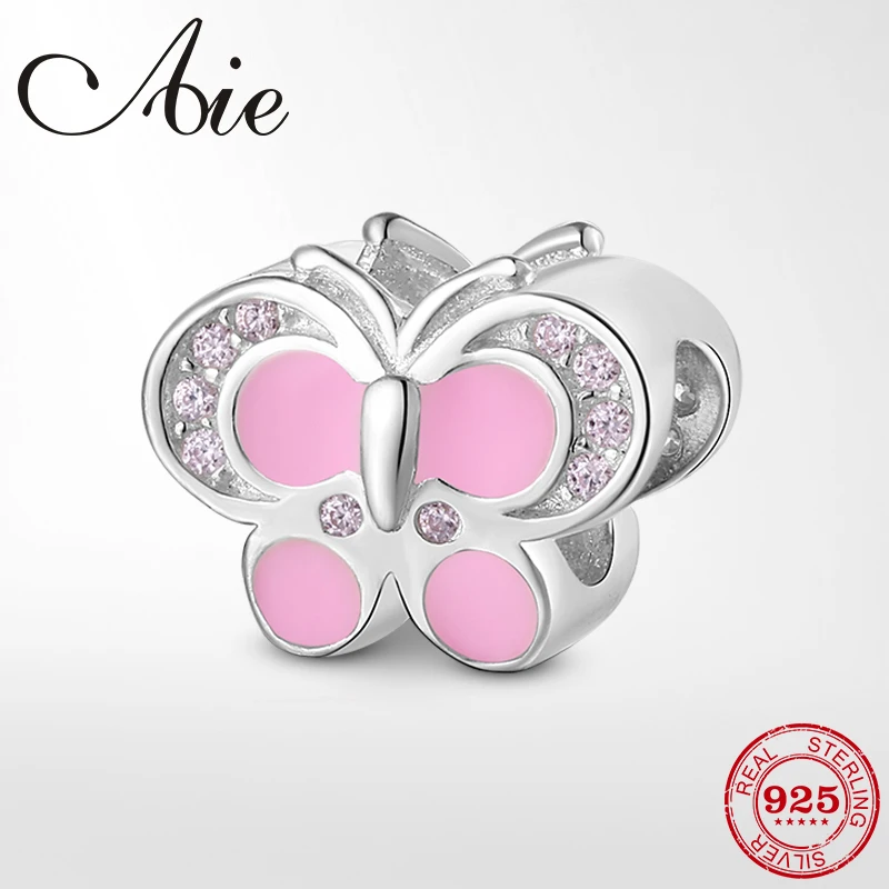 Новые блестящие розовые 925 пробы с бабочкой серебряные эмалированные бусины