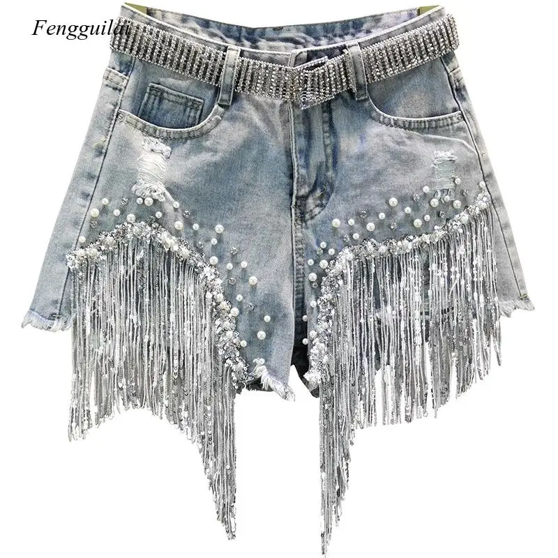 Female Denim Shorts Summer Wear New High Waist Slimming Heavy Beaded Sequin Fringed Ripped Wide Leg Pants Jeans Hot Pants