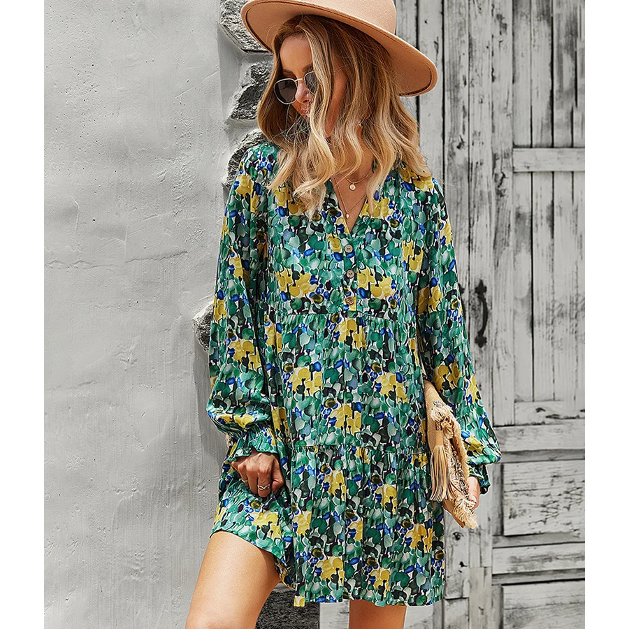 

GXDS Autumn Floral Print Dress Women 2021 New Fashion Hot Bohemian Style V-neck A-line Loose Casual Holiday Long Sleeve Dresses