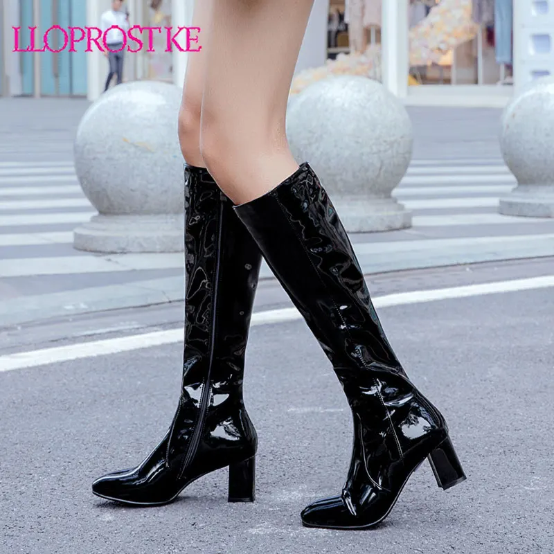 

Женские кожаные сапоги Lloprost ke, красные, белые, черные зимние сапоги до колена на блочном каблуке 6 см, botte femme 45