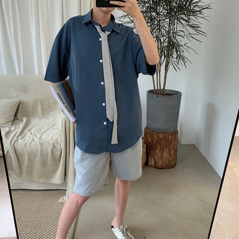 Мужская свободная рубашка с коротким рукавом черная/зеленая/темно синяя принтом