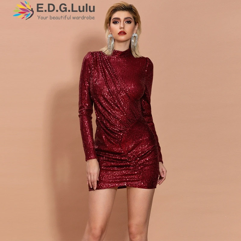 

EDGLuLu Autumn Women Luxury Celebrity Evening Runway Party Dress Vestidos Sexy Long Sleeve Ruched Red Sequined Dress 1118