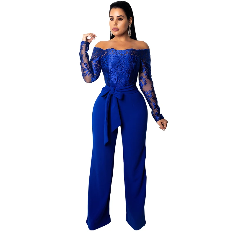 

Women Sexy Lace One Word Collar Middle Waist Long Sleeve Long Pants With Belt Night Club Jumpsuit 2019 Autumn