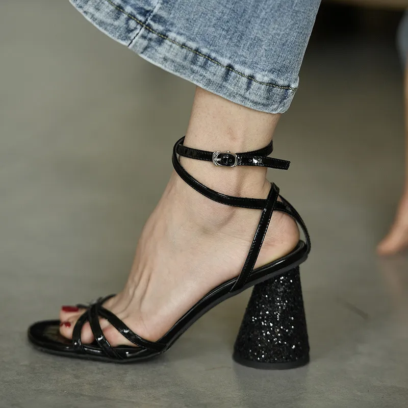 Bling Summer Sandals Spike High Heels Runway Square Toe Women Joker Dress Party Shoes Woman Black Zapatos Mujer 2019 |