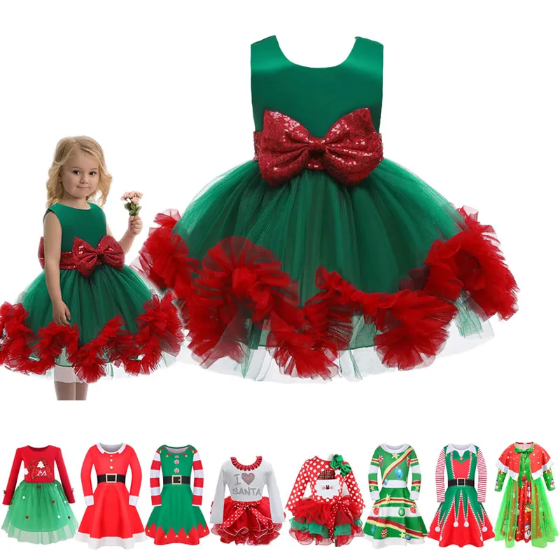 Kids Christmas Party Dress For Girl Lace Bow Ball Gown Chidlren Green Red New Year Costumes Santa Claus Print Theme | Детская одежда и