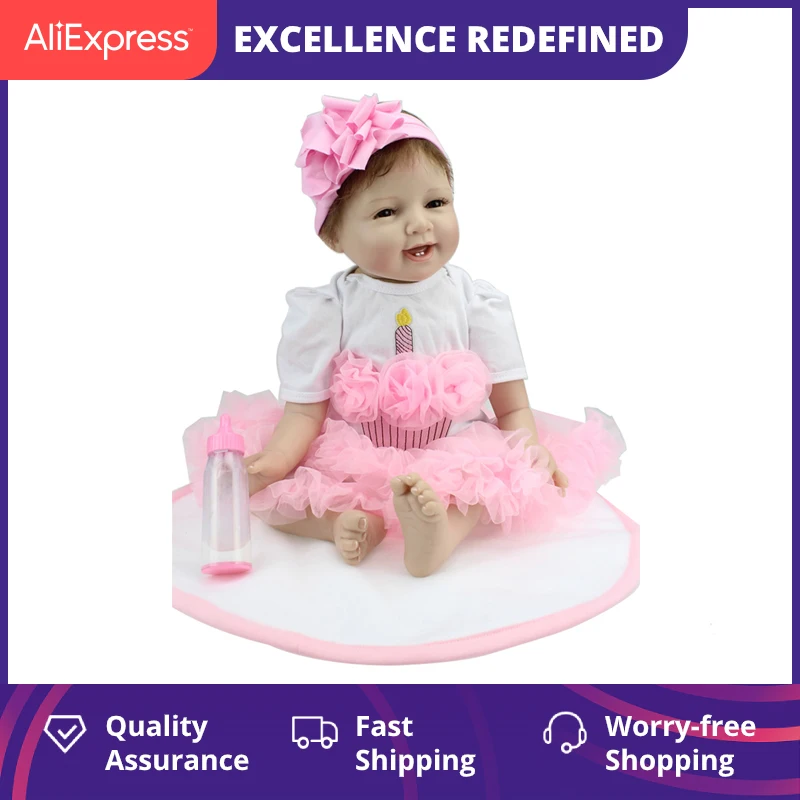 Силиконовая кукла NPK 48 см реалистичное хлопковое тело для девочек розовое платье