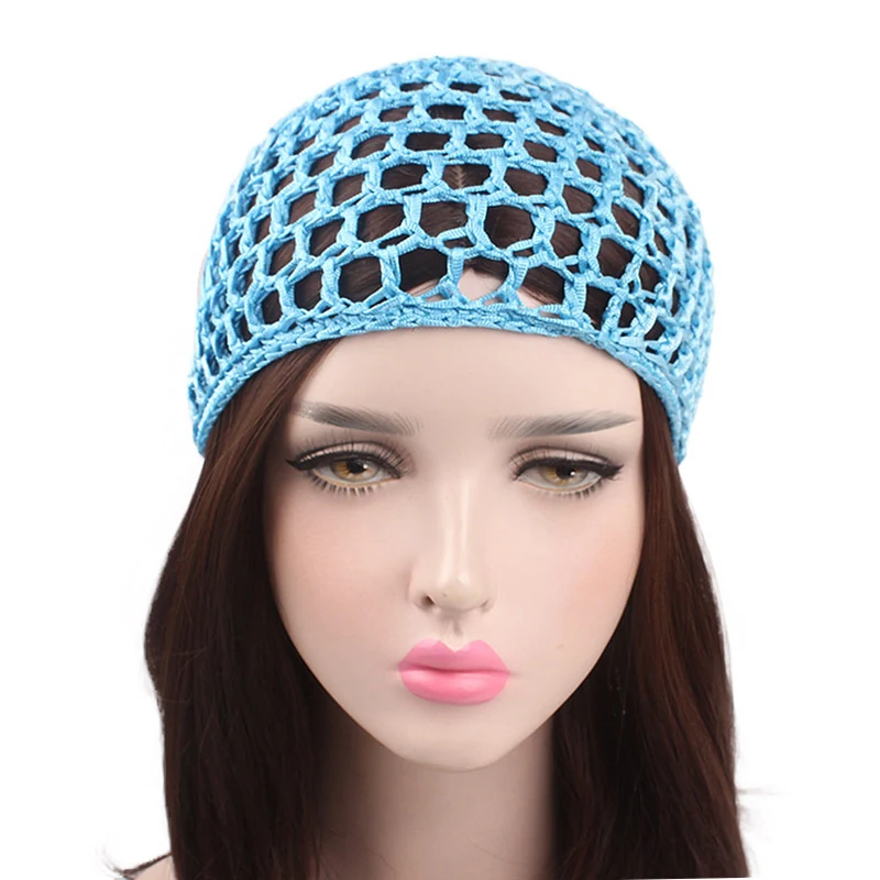 

2021 New Women's Mesh Hair Net Crochet Cap Solid Color Snood Sleeping Night Cover Turban Hat Popular Casual Beanie Chemo Hats