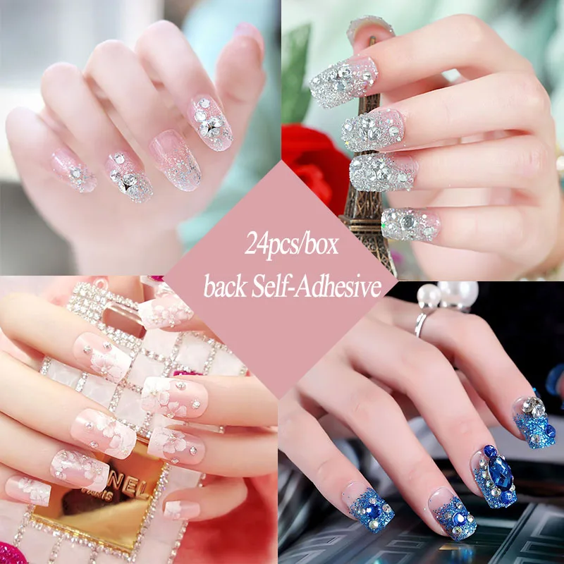 24 шт. акриловое полное покрытие для дизайна ногтей с клеем невесты блестящие