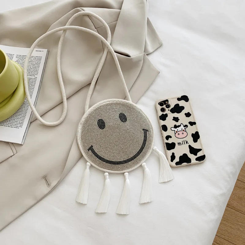 

Summer Smiley Circular Crossbody Bags for Women 2021 New Fashion Shoulder Bag Woman Casual Cute Cartoon Tassel Women's Small Bag