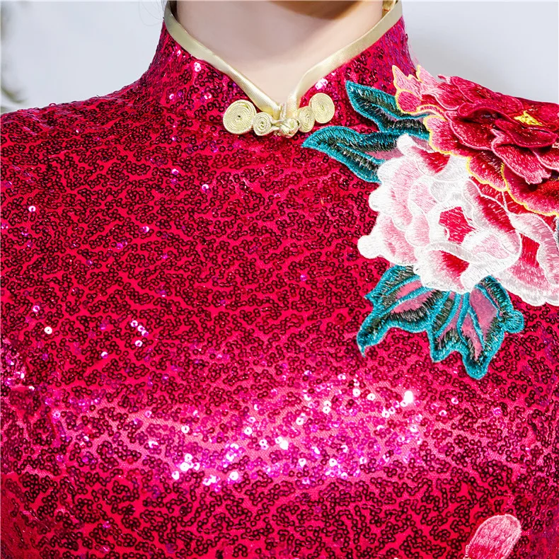 Ярко розовые Для женщин Русалка Cheongsam Длинные вечерние платья с воротником