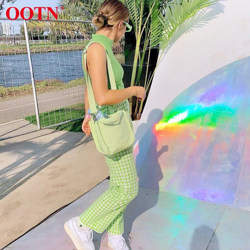 Женские прямые брюки OOTN зеленые летние повседневные с высокой талией винтажные