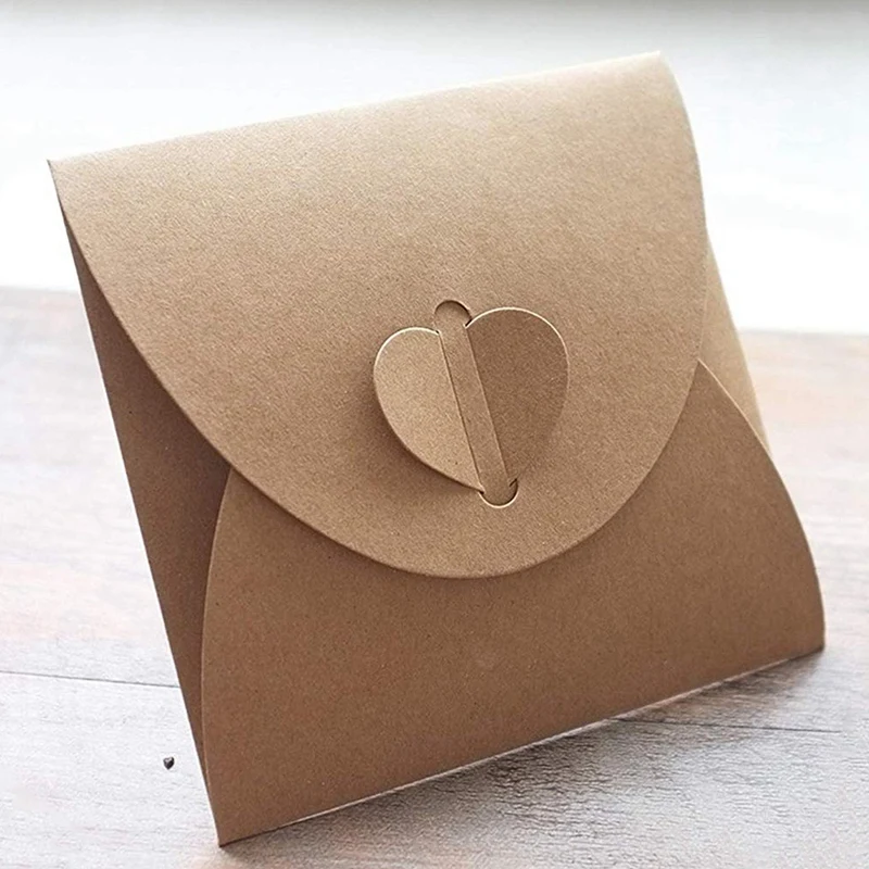 100Pcs/Lot Retro Love Kraft Cd Dvd Sleeves Paper Envelopes with Heart Button for Wedding Party 13X13cm | Канцтовары для офиса и