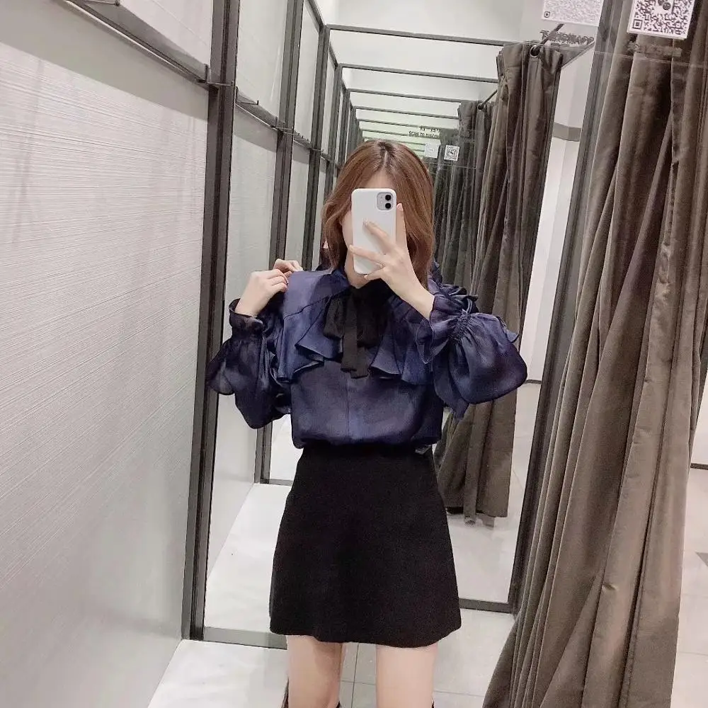 Женская блузка с оборками ZA фиолетовая Повседневная Блузка бантом и