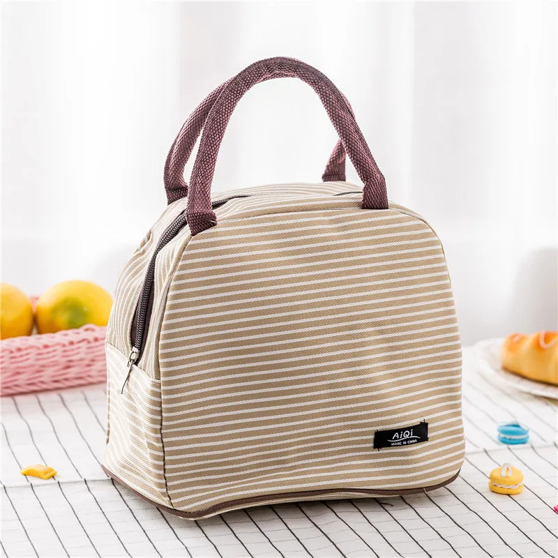 light brown Женский портативный холст для обеденного мешка, полосатые теплоизолированные сумки-холодильники сохраняющая тепло для еды на пикник, сумки для ланча, Детская коробка для завтраков, сумка-тоут Lancheira - Цвет: light brown