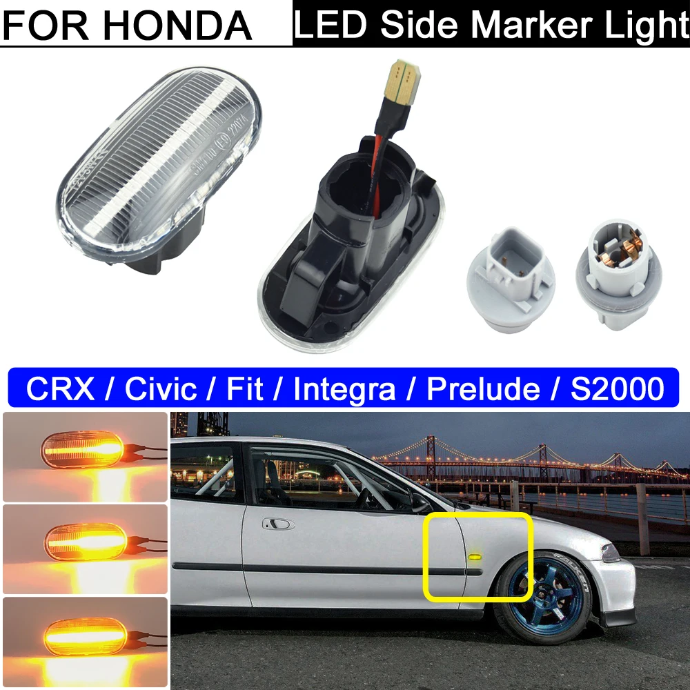 2Pcs LED Side Marker Lamp Dynamic Amber Turn Signal Indicator Light For Honda Acura CRX Civic Del Sol Fit Integra Prelude S2000