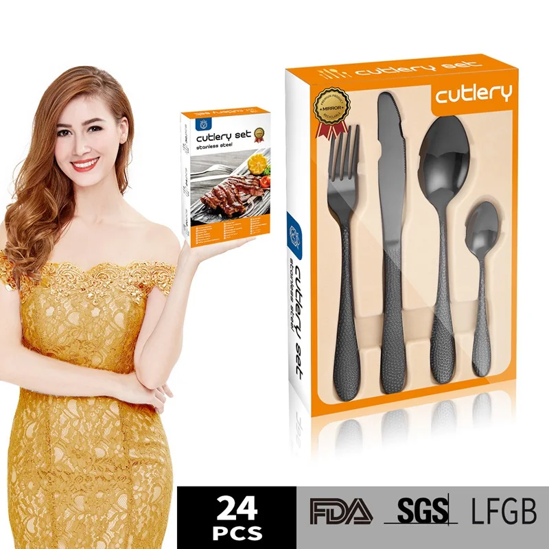 

Western Cutlery Set 24pcs Black Western Stainless Steel Dinnerware Set Spoon Fork Knife Dinner Set Flatware Gold Silverware Sets