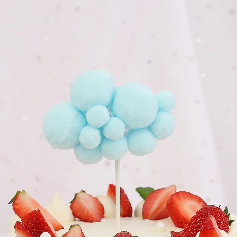 Cloud shape Pom-pom Colorful Cake Topper For Birthday Anniversary Party Cupcake Decoration Blue Pink White Baking Supplies Decor | Дом и сад