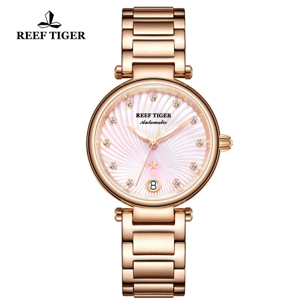 

Reef Tiger/RT Luxury Watch Ladies Rose Gold Diamond Bracelet Watches Date Women Pink Watches Relogio Feminino Gift RGA1590
