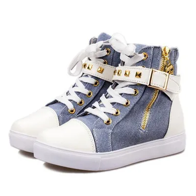 

style riveted shoes Spring canvas four seasons leisure high-top walking shoe female student shoes flat-bottomed side zipper shoe