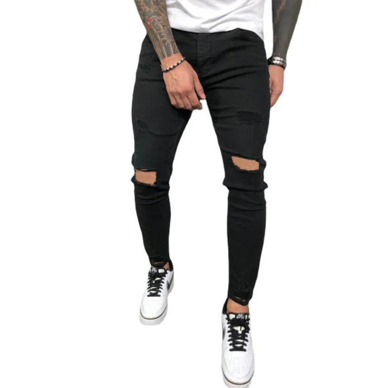 Men Jeans Autumn Pierced Elastic Fashion Ripped Jeans for Men Trend Hole Pencil Pants Solid Color Denim Pants Boyfriend Jeans