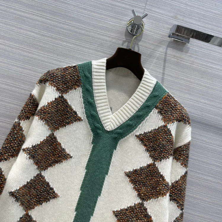 

Роскошный ромбовидный контрастный пуловер, свитера для женщин, высокое качество 100%, кашемировый вязаный свитер с V-образным вырезом, пулове...