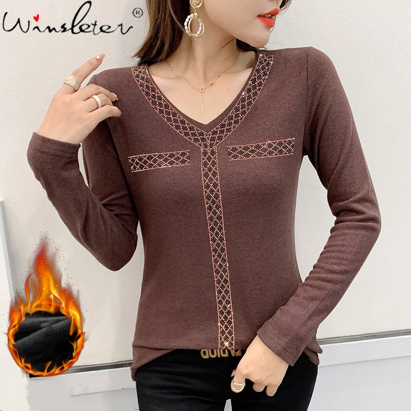 

MadBlack Fall Winter Korean Style Double Cashmere T-Shirt Fashion Sexy V-Neck Shiny Diamonds Women Tops With Fleece Tees T10409A