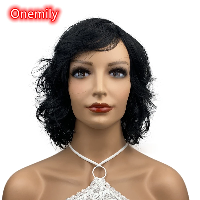 

Onemily Short Wavy Wave Curly Heat Resistant Synthetic Hair Wigs for Women Girls with Bangs Party Evening Out Jet Black