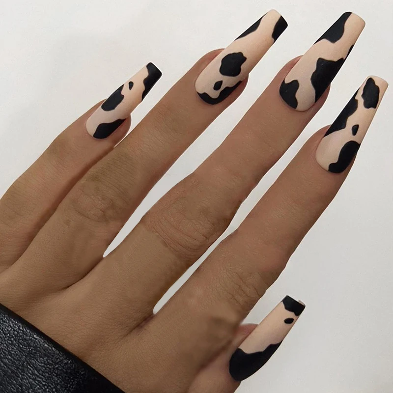 

24pcs Cow Pattern Fake Nails Coffin Patch Glue Type Removable Long Paragraph Manicure Press On Nails False Nail Patch For Girls