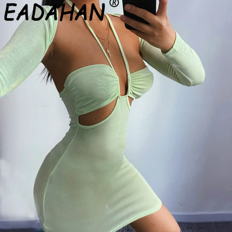 

Eadahan 2021 Women's Summer Season Sleeves Halter Neck Dress Sexy Waist Hollowed Out Slim One Step Short Skirt