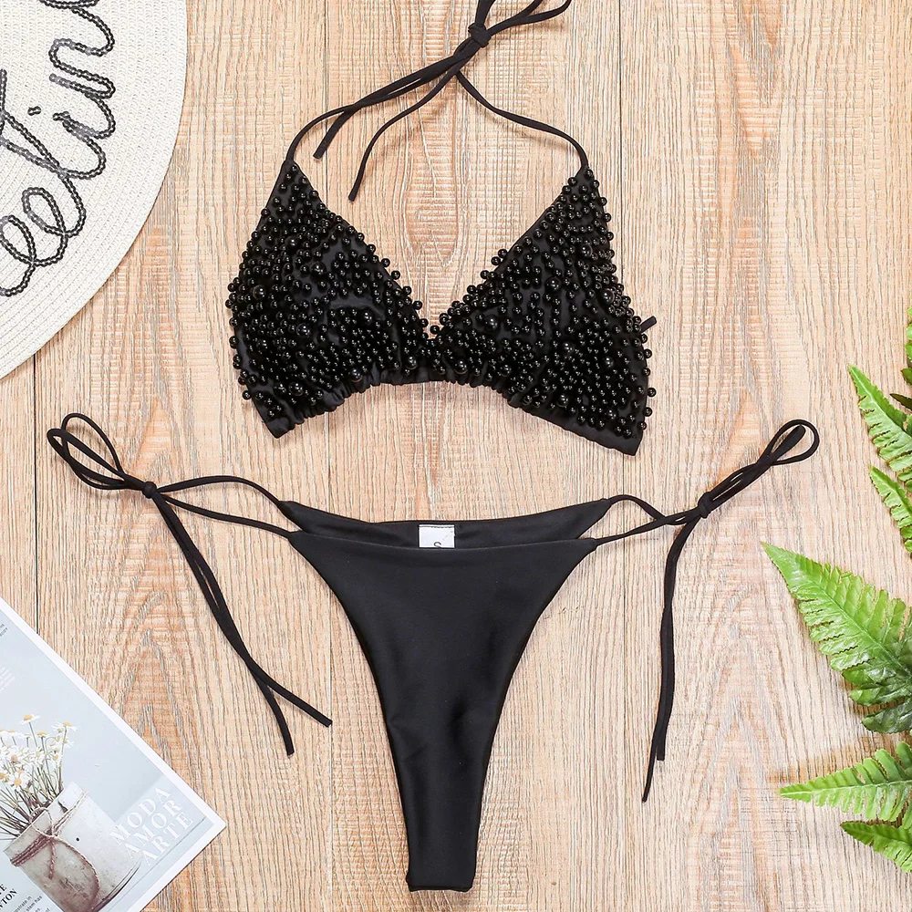 

New Women Swimwear Pearl Bikini Solid Color Sexy Tight Low Waist Speed Dry Backless High Elastic Thick Thong Women Split Suit