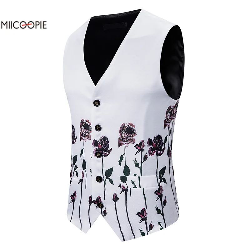 Однобортный жилет с принтом розы новая одежда жилеты для мужчин приталенный