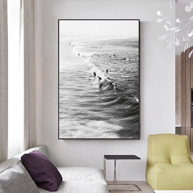 Картина на холсте из микроавтобуса пляжа серфинга черно белый постер