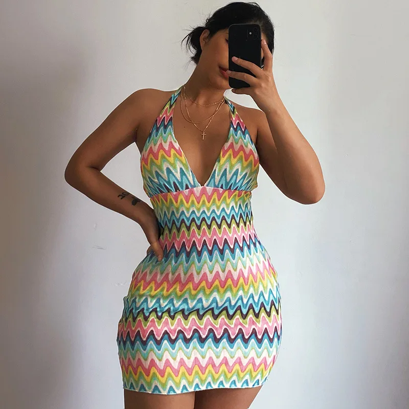 

Slim Lattice Printed V-Neck Mini Dress 2021 Summer New Sexy Sling Hanging Neck Halter Dress Women Clothing Casual Backless Dress