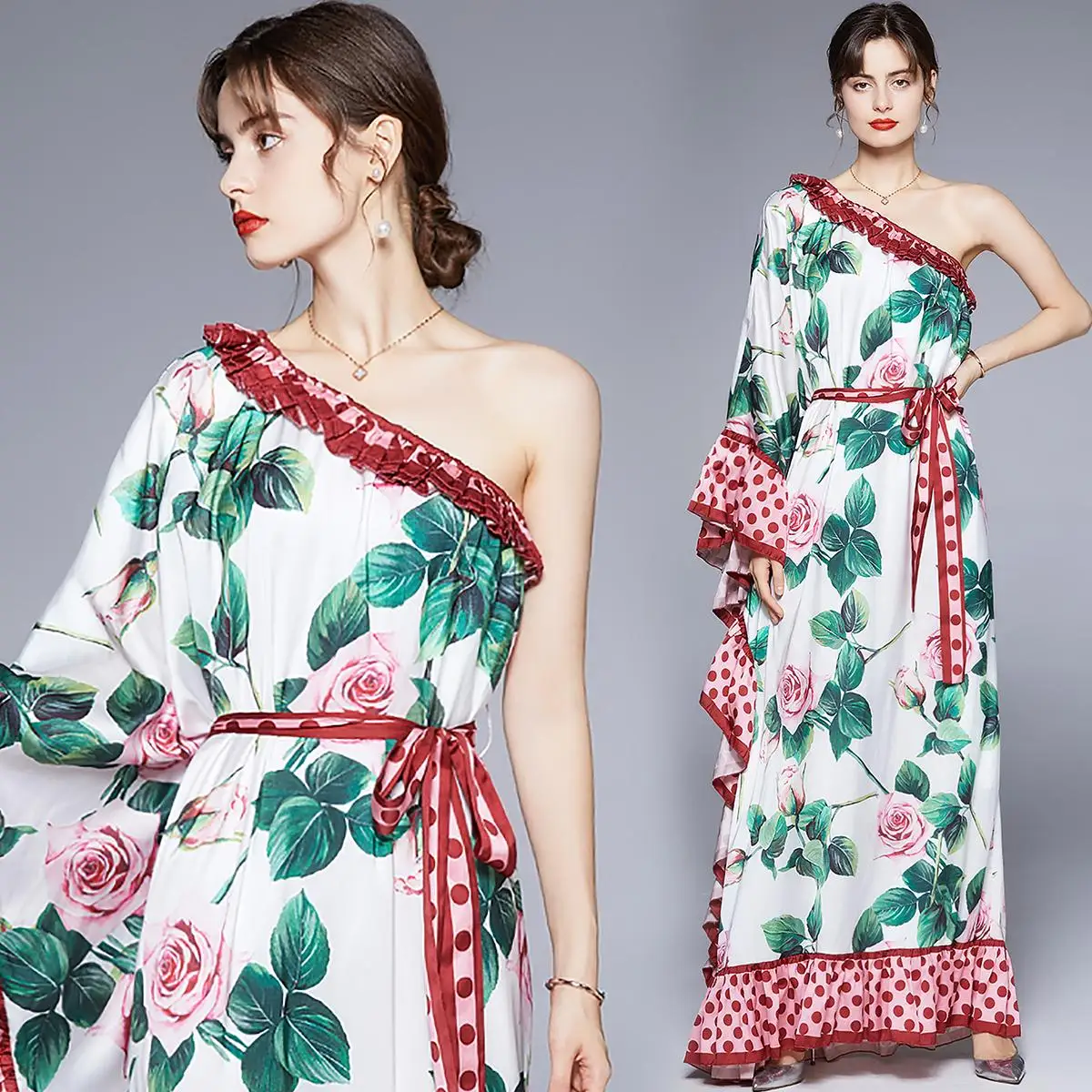 

Women's Off One Shoulder Lace Up Floral Print Dot Cascading Ruffles Chiffon Loose Oversized Dress Summer Bohemian Dress 8824