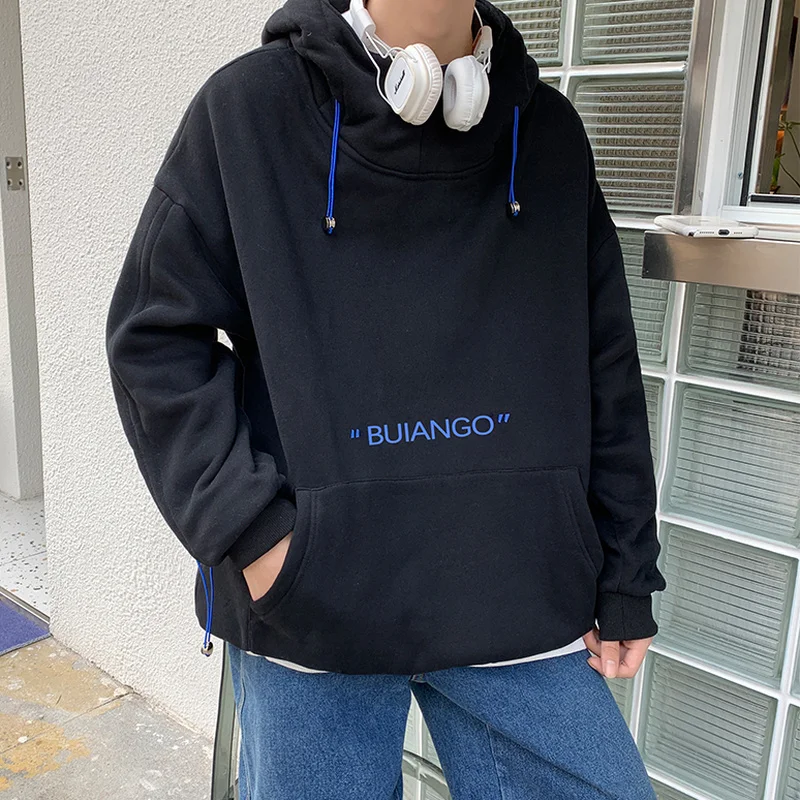 

With Hat Hoodies Men Plus Velvet Vintage Turtleneck Loose Korean Style Loose Fashion Casual All-match Simple Chic Couples Black