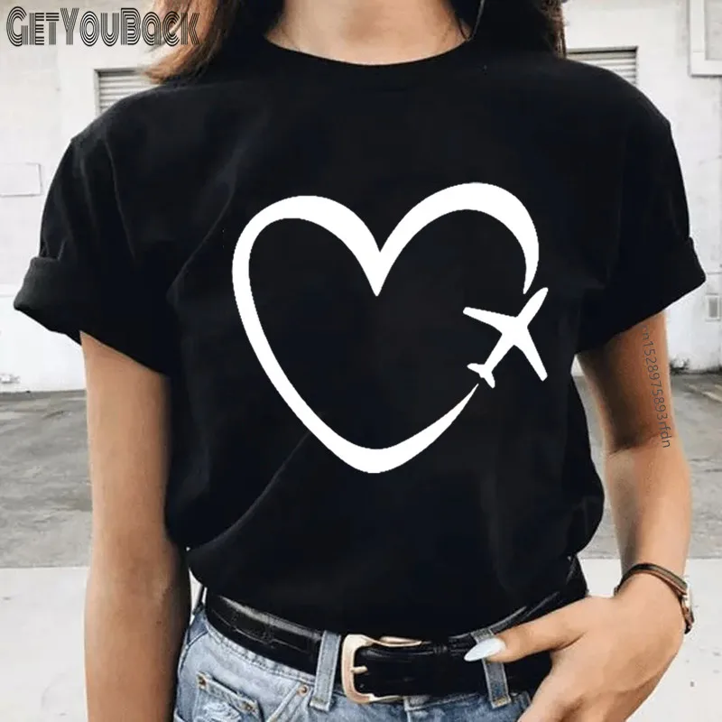 Футболка женская с принтом сердца и самолета смешная черная рубашка в стиле